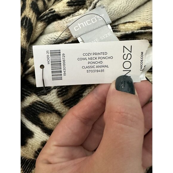 NWT CHICO'S Cowl Neck Poncho One Size Animal Print Fringe Statement $89 - Picture 6 of 6